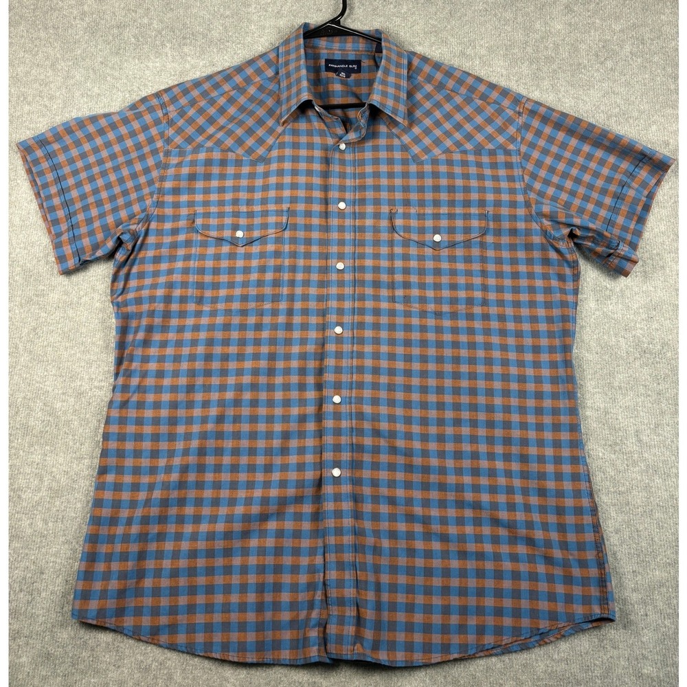 Panhandle Slim Western Pearl Snap Shirt Gingham Plaid Short Sleeve 17 Blue Brown
